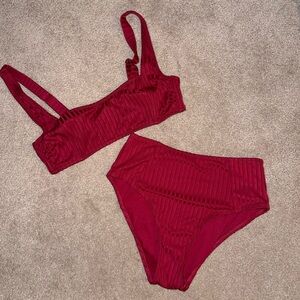 Red Ribbed Bikini Set